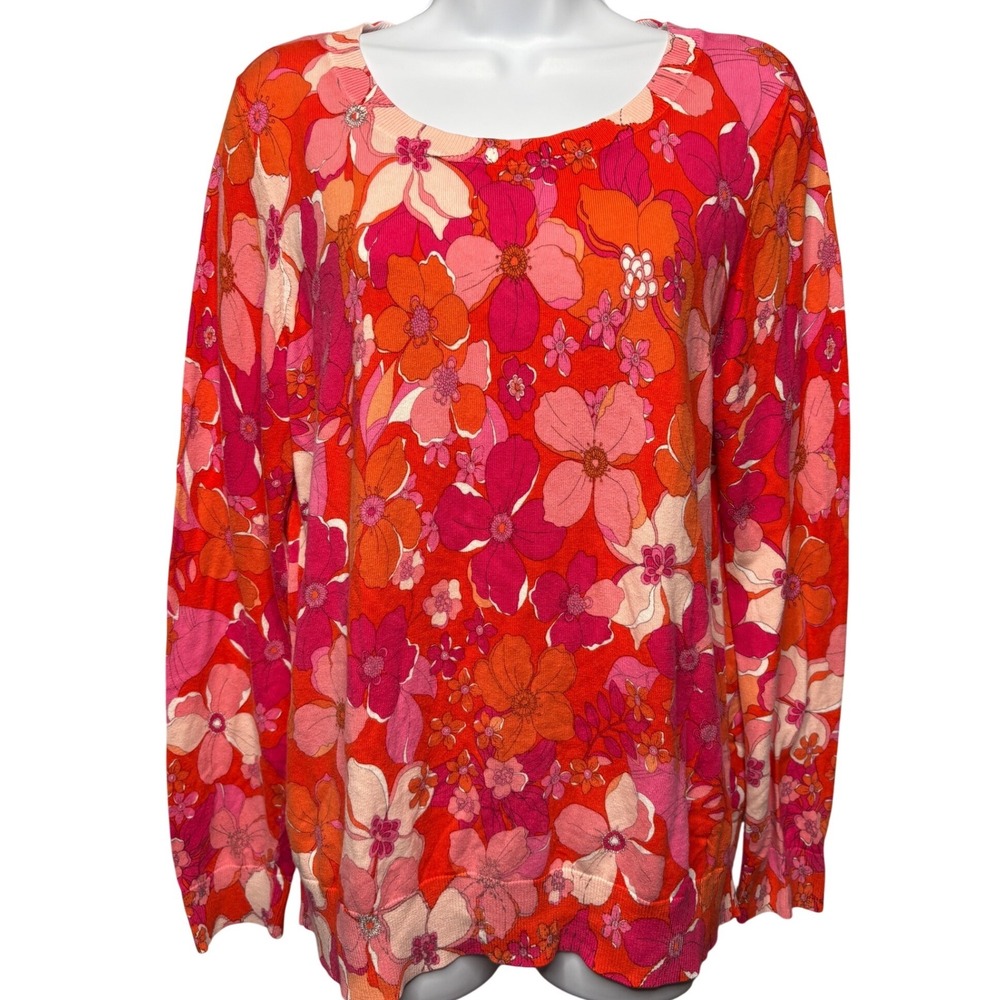 TALBOTS Womens Red Pink‎ Floral Long Sleeve Sweater Sz L Hippie Retro Light-Knit